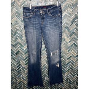 WOMENS LEVIS CURVY‎ CUT 528 MEDIUM WASH STRETCH DESTROYED JEANS THICK STITCH 9M